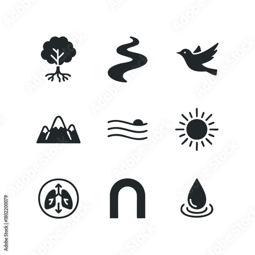 Nine basic icons representing nature and science