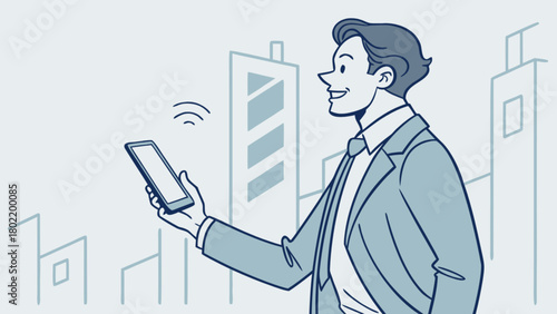 Man in suit using smartphone with city background and wifi signal in a stylized illustration style