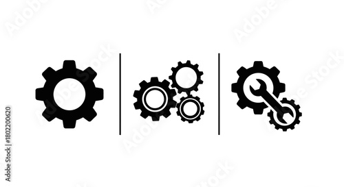 Gear icons: simple silhouettes featuring single gear, multiple cogs, and maintenance tool