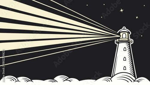 Illustration of a lighthouse with shining light beams against a starry night sky background scene