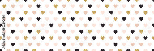 Seamless pattern with black, blush pink, and gold glitter hearts on a white background. Cute romantic design perfect for Valentine’s Day or Christmas decor. Vector illustration.