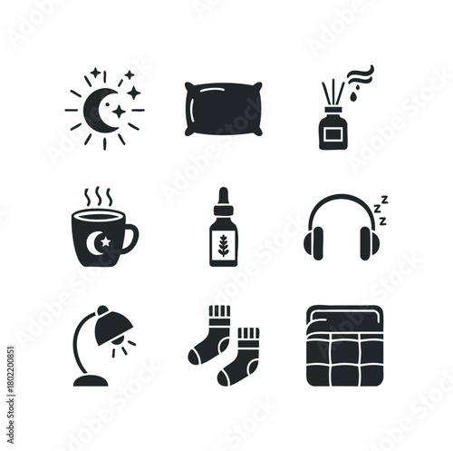 Sleep and relaxation icons moon, pillow, diffuser, mug, oil, headphones, lamp, socks, calendar