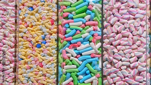 Colorful candies displayed in a sweet shop, neatly arranged in transparent containers. Bright pastel sweets symbolizing sugar, confectionery, and sugar-free treat concepts.