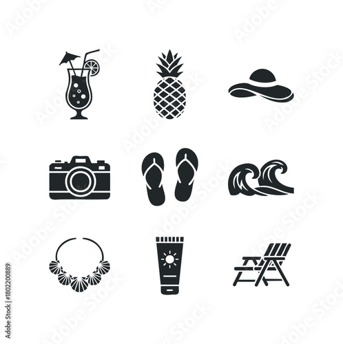 Summer vacation vacation icons including drink pineapple hat camera flip-flops waves