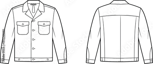 Utility jacket technical sketch, front and back view, epaulets, flap chest pockets, waistband detail, fashion flat, garment construction, vector illustration, button closure