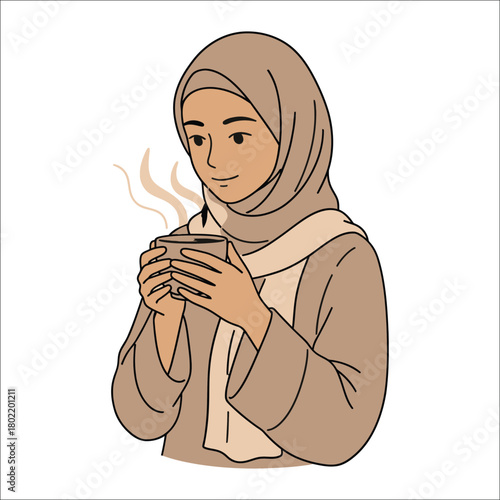 Woman in hijab holding a steaming cup of coffee on white background vector illustration
