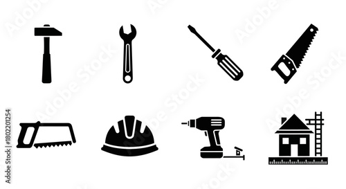Silhouette toolkit icons: essential construction and repair tools for home projects