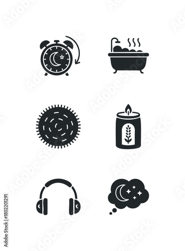 Sleep aid icons alarm clock bathtub candle headphones dream bubble