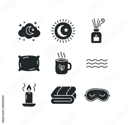 Sleep aid icons with moon, candle, and tea cup