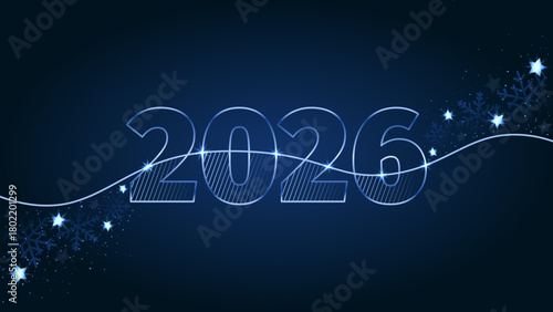 New year 2026 greeting card template. Digits, snowflakes, shining stars and small sequins on navy background