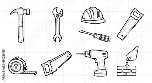 Hand drawn construction tools set: hammer, wrench, hard hat, saw, screwdriver, and drill