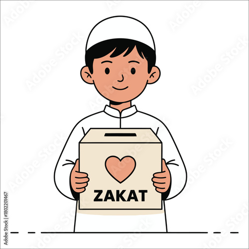 Young Muslim boy holding Zakat donation box with heart symbol charity