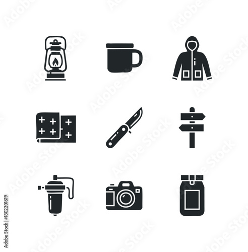 Camping gear icons including lantern, knife, and jacket