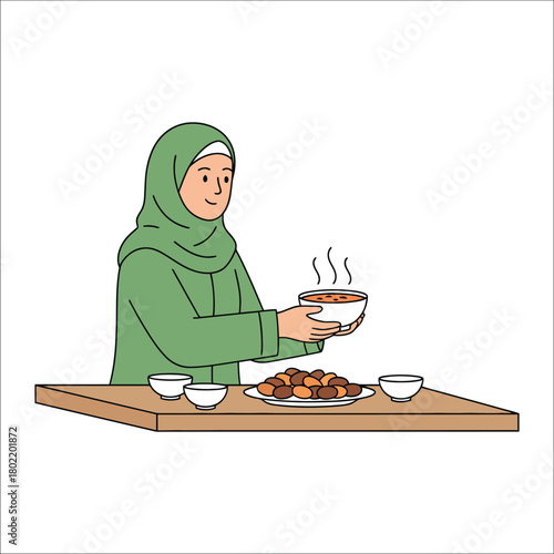 Muslim woman in hijab serving soup and dates at a table vector illustration