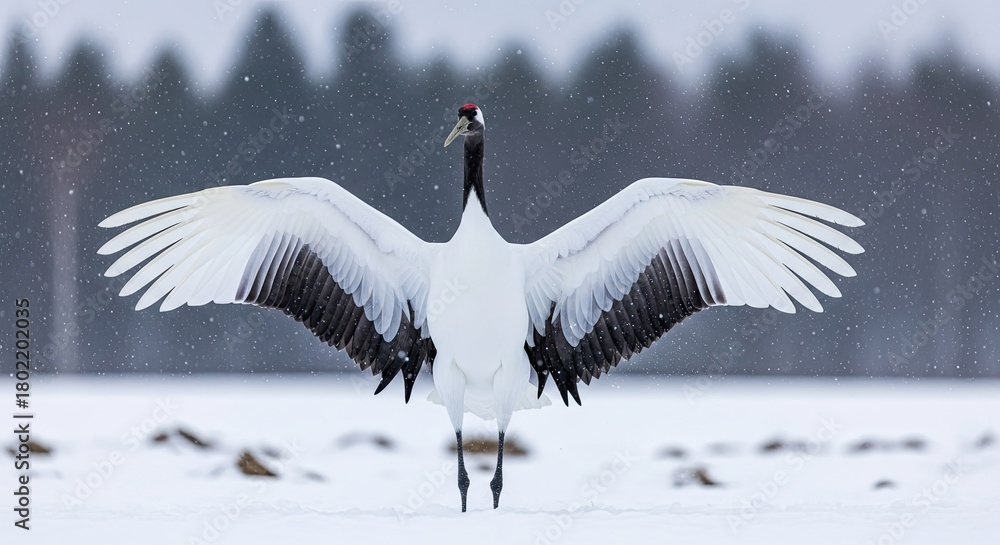 Naklejka premium Majestic red-crowned crane displays its magnificent wings in a snowy winter landscape creating