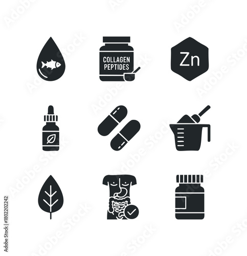Collagen, zinc, and digestive health icons