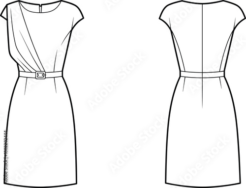 Women’s belted dress fashion flat sketch, vector technical drawing, draped front design template, apparel CAD illustration, clothing pattern outline for fashion designers and manufacturers