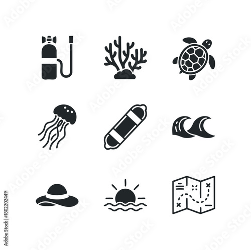 Ocean diving and beach leisure icons collection