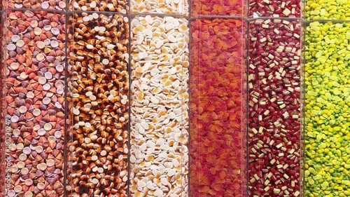 Colorful candies displayed in a sweet shop, neatly arranged in transparent containers. Bright pastel sweets symbolizing sugar, confectionery, and sugar-free treat concepts.