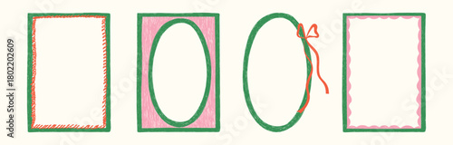 Hand Drawn xmas red, green, pink frame set with doodle bow, ribbon. Coquette whimsical line borders for Merry Christmas, New Year, birthday, wedding, poster. Vintage minimalist vector illustration.