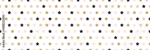 Seamless Christmas pattern with pink and black stars covered in golden glitter on a white background. Festive holiday design perfect for wrapping paper, textiles, and seasonal decorations. 
