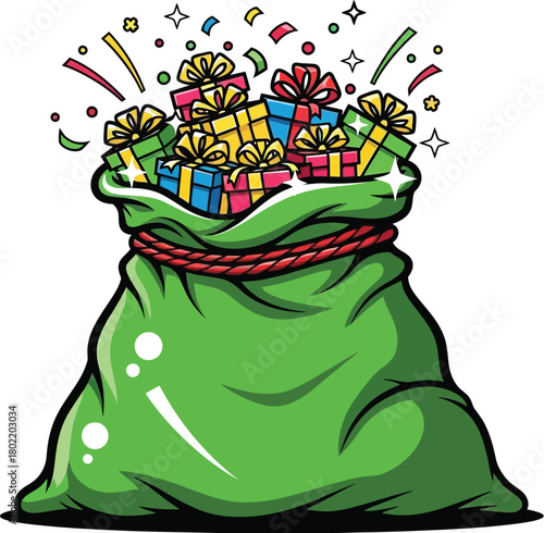 Santa's magical green sack overflowing with colorful wrapped Christmas presents professional illustration vector style artwork