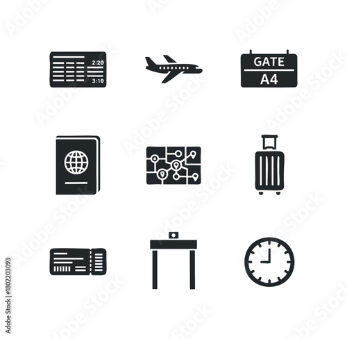 Travel icons including airplane, passport, ticket and suitcase