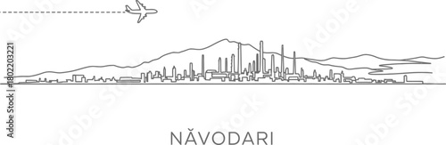 Airplane Flying Over City Skyline with Mountains