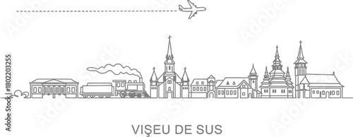 Vișeu de Sus Line Art Skyline with Airplane and Train