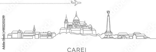 Minimalist Cityscape Skyline with Airplane and Word CAREI