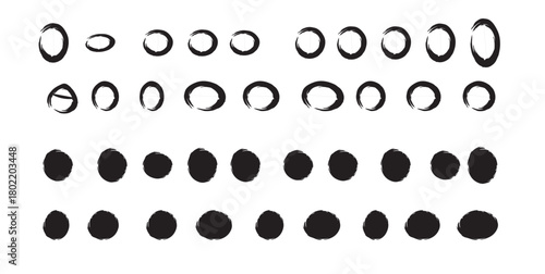 Set of black circular and oval brush stroke shapes Keywords: circle, oval, brush stroke, ink