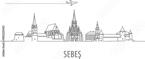 Sebes Skyline with Airplane Illustration