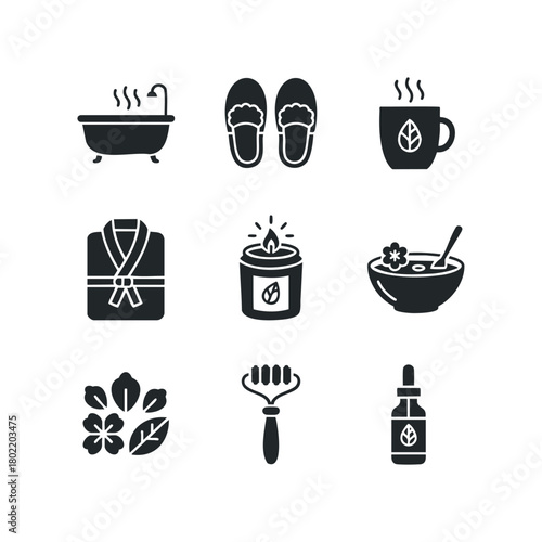 Spa wellness icons with bath, robe, candle, and flowers