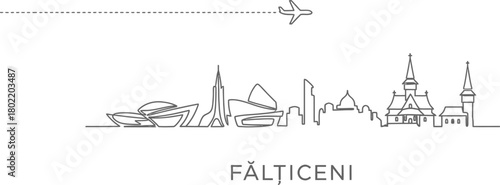 Falticeni Skyline with Airplane and Dashed Line Travel Path
