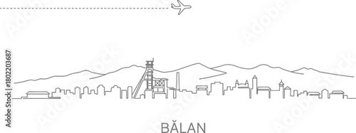 Bǎlan Skyline with Airplane and Mountains Outline