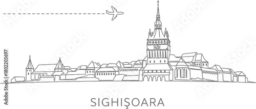 Sighisoara Skyline with Airplane Travel Line Art