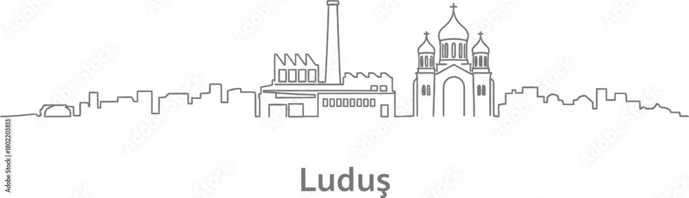 Naklejka premium Minimalist Outline Skyline of Luduş Featuring Factory and Church