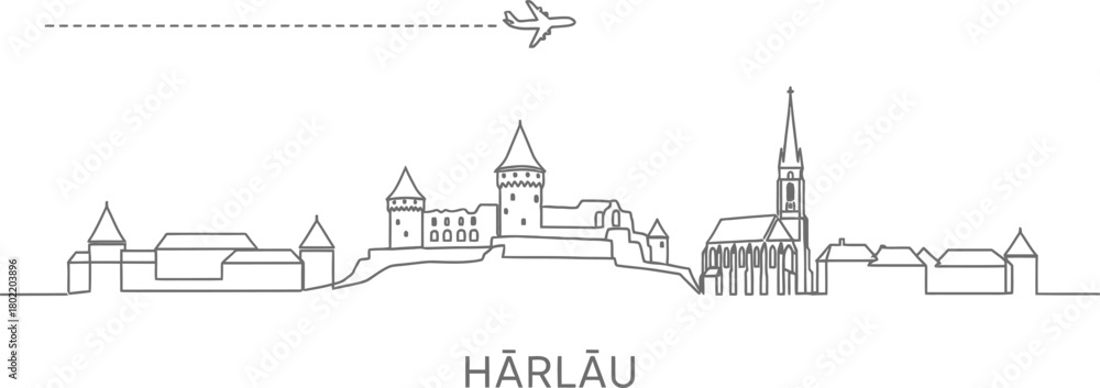 Fototapeta premium Härlău Cityscape with Airplane and Flight Path