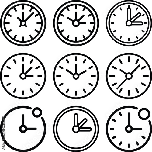 Collection of simple line art clock icons showing different times