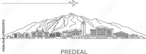 Mountain Ski Resort Town Skyline with Airplane Travel Line