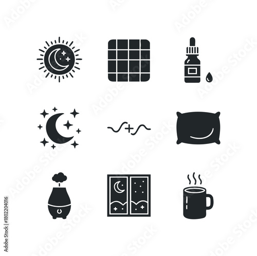 Sleep aids, nighttime comfort, and sleep cycle icons