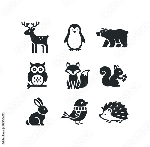 Collection of nine cute animal icons