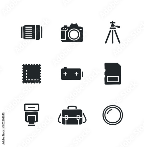 Camera gear icons with lens and tripod