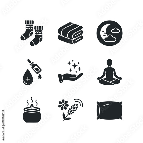 Sleep and relaxation icons including socks, candle, and meditation