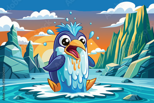 Amazing penguin bursts vertically from icy southern ocean, water streaming from feathers as snow covered cliffs stand behind