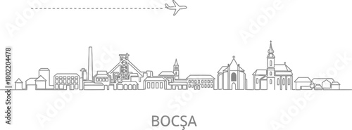 Bocsa City Skyline with Airplane and Flight Path