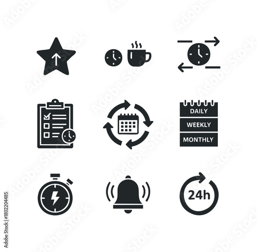 Time management icons with calendar, clock, and stopwatch