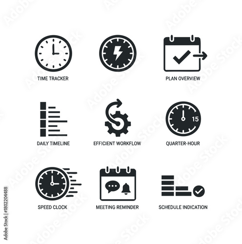 Set of nine icons representing time management and productivity concepts