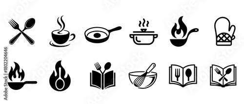 Collection of black and white icons representing cooking food preparation and culinary activities