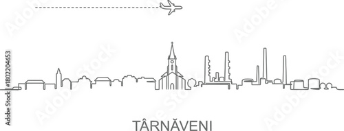 Târnaveni City Skyline with Airplane Icon